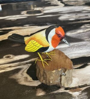 Oiseau peint à la main orange 10cm sur socle en bois
