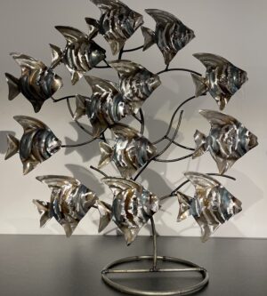 Sculpture poissons acier découpé sur socle 38cm